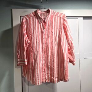 Chico's Women's Plus Size 3 Silk Cotton Blend Striped 3/4 Sleeve Button Blouse